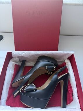 Valentino Rockstud Black Leather Platform Slingback Heels